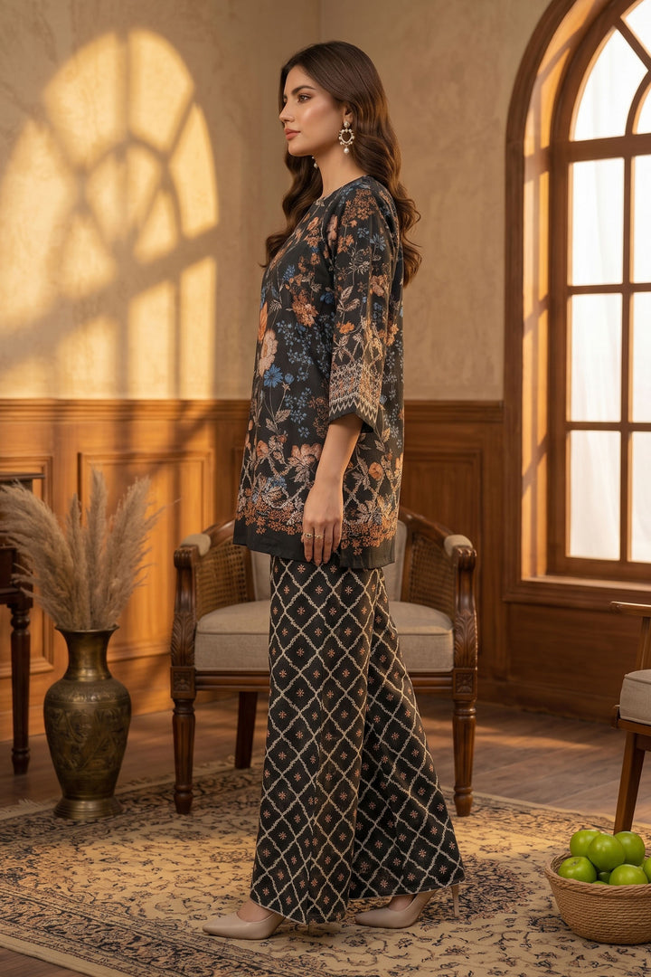 Black 2 Piece Unstitched Printed Cambric Co-Ord Set