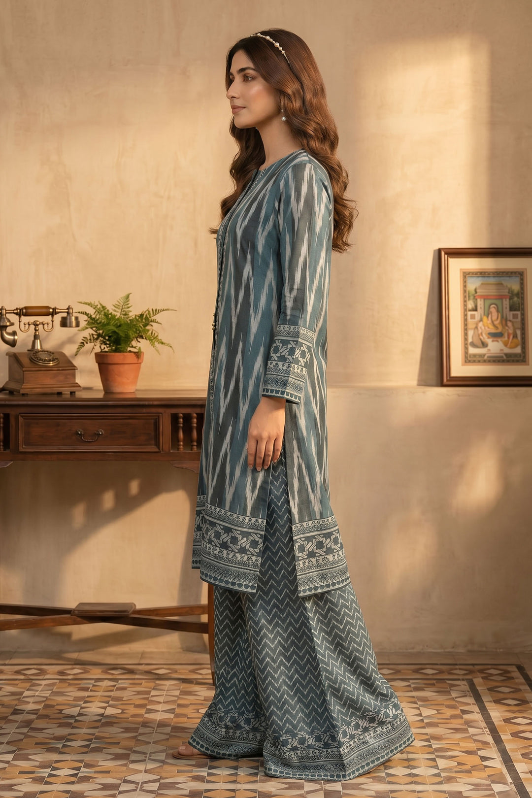 2 Piece Teal Blue Unstitched Printed Cambric Co-Ord Set