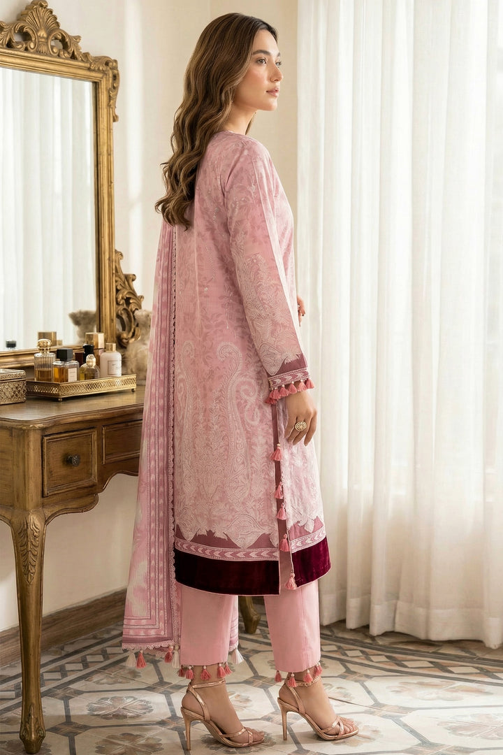 3 Piece Unstitched Baby Pink Premium Printed Lawn