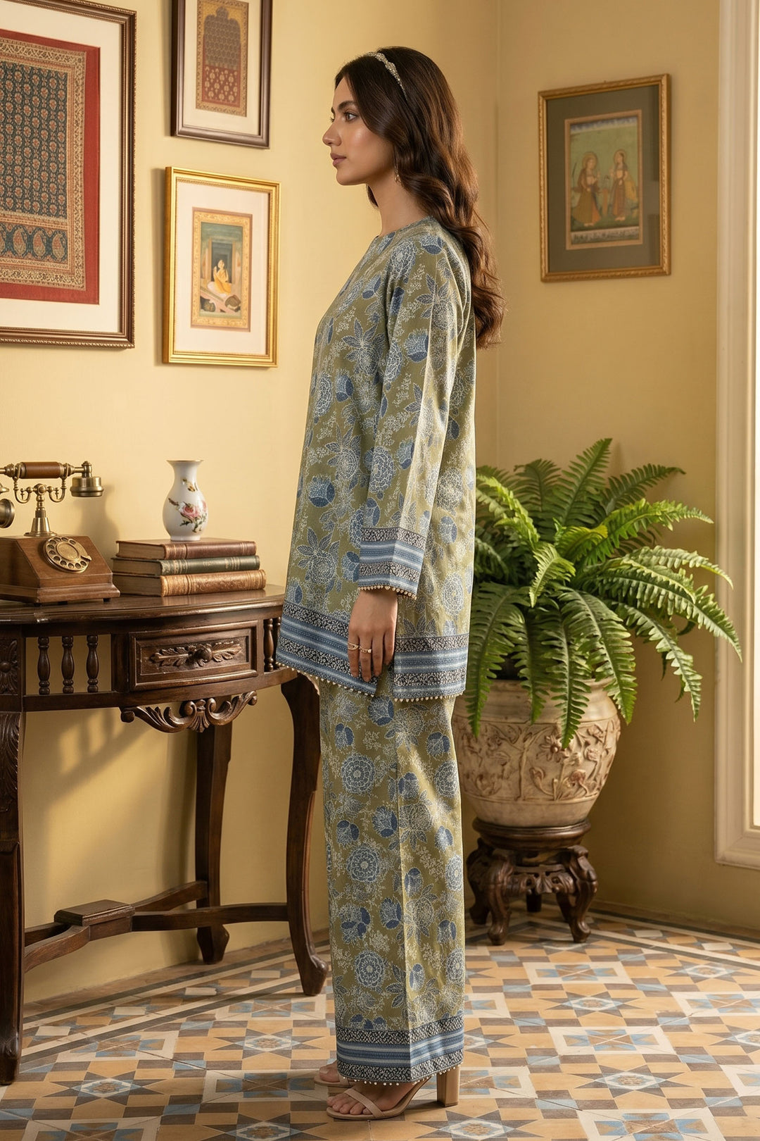 2 Piece Laurel Green Unstitched Printed Cambric Co-Ord Set