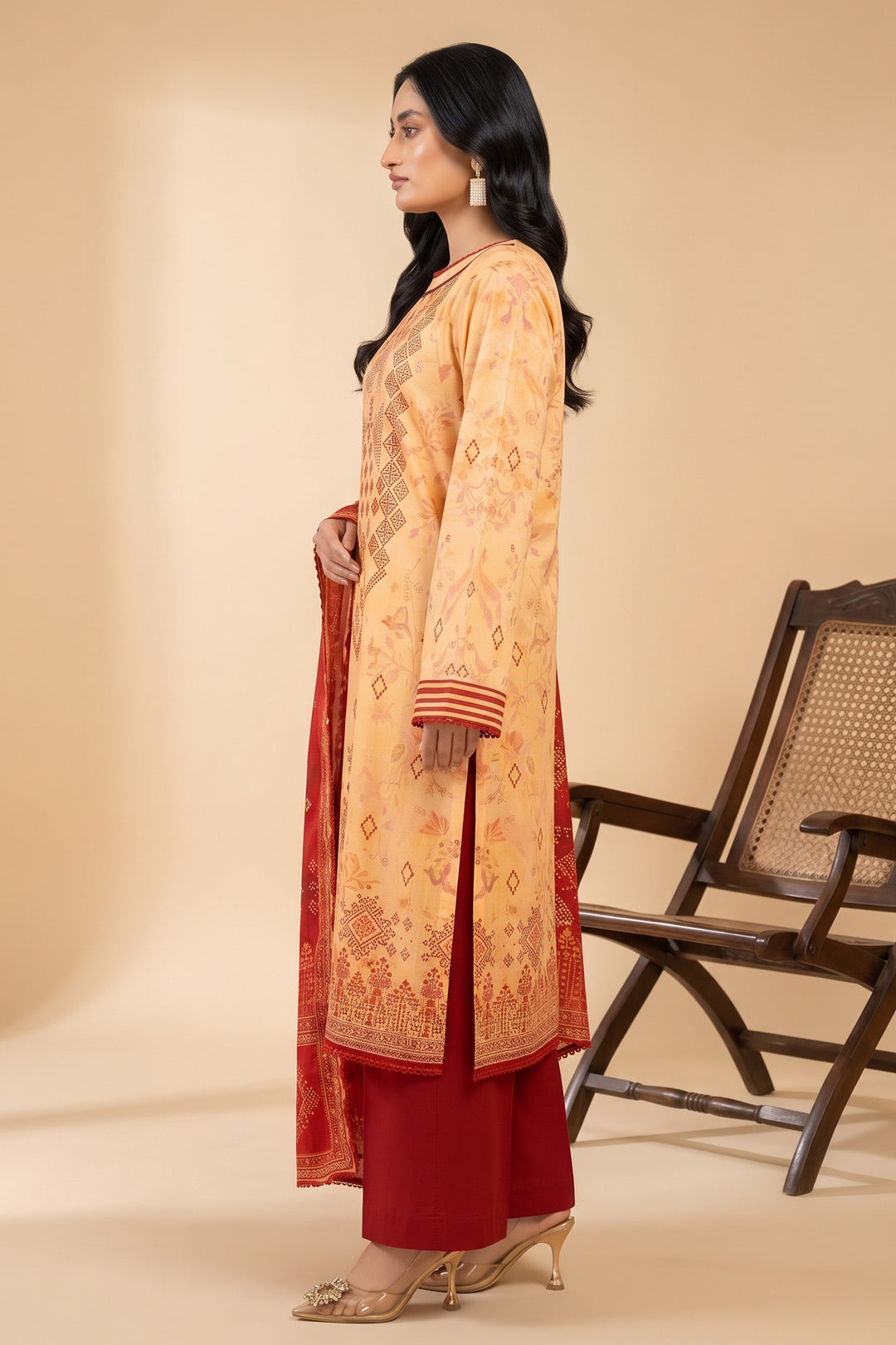 3 Piece Unstitched Apricot Premium Linen
