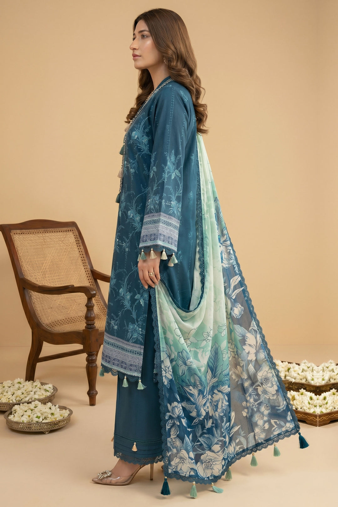 3 Piece Unstitched Blue Premium Lawn