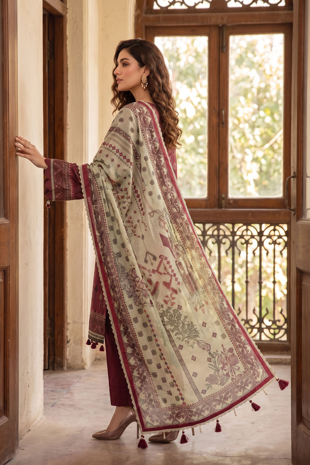 burgundy 3 Piece Unstitched Premium Printed Lawn