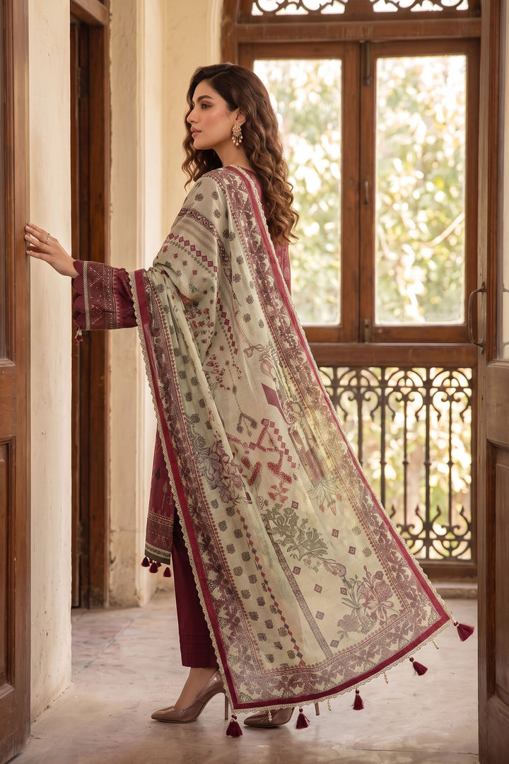 burgundy 3 Piece Unstitched Premium Printed Lawn