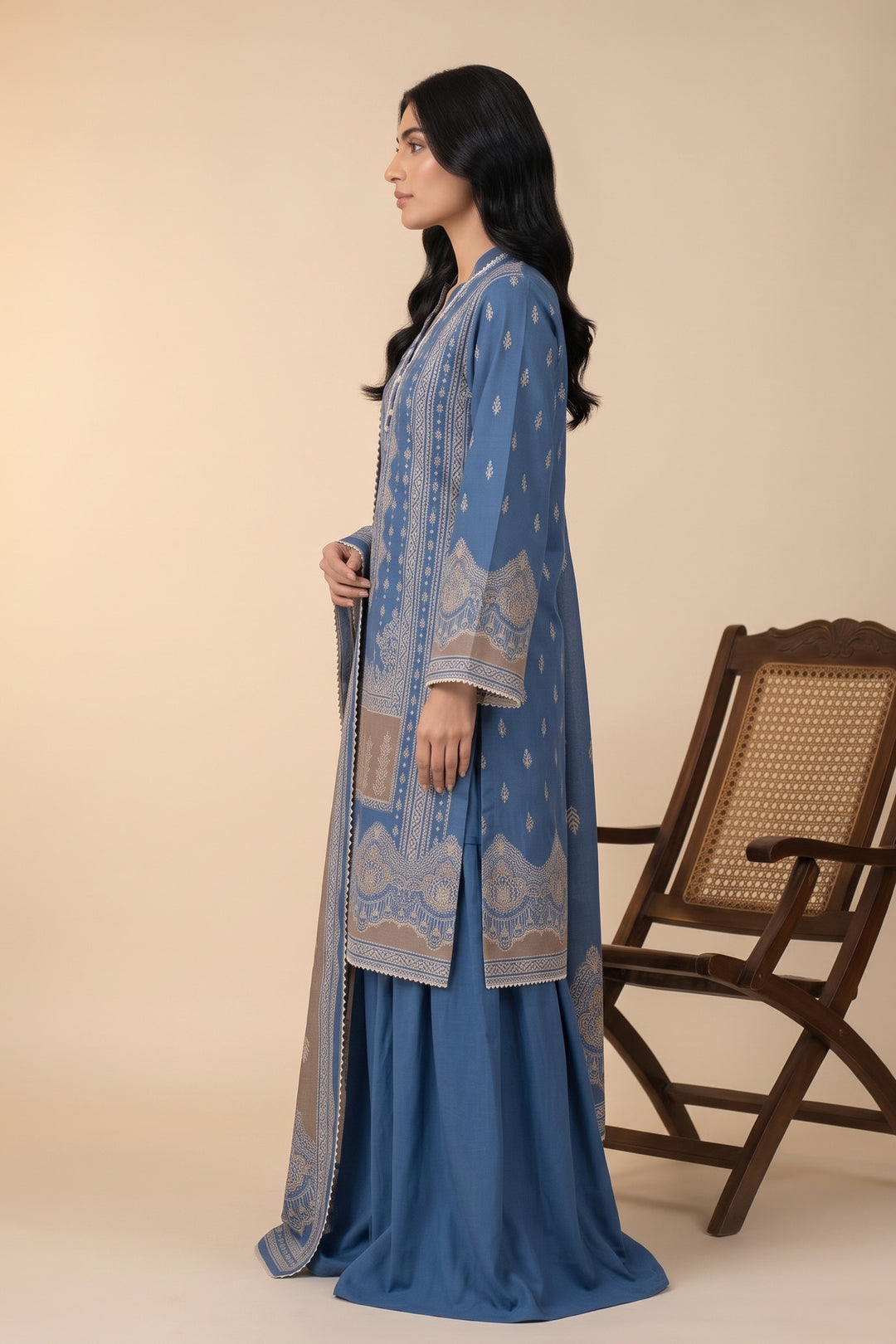 3 Piece Unstitched Blue Slub Khaddar