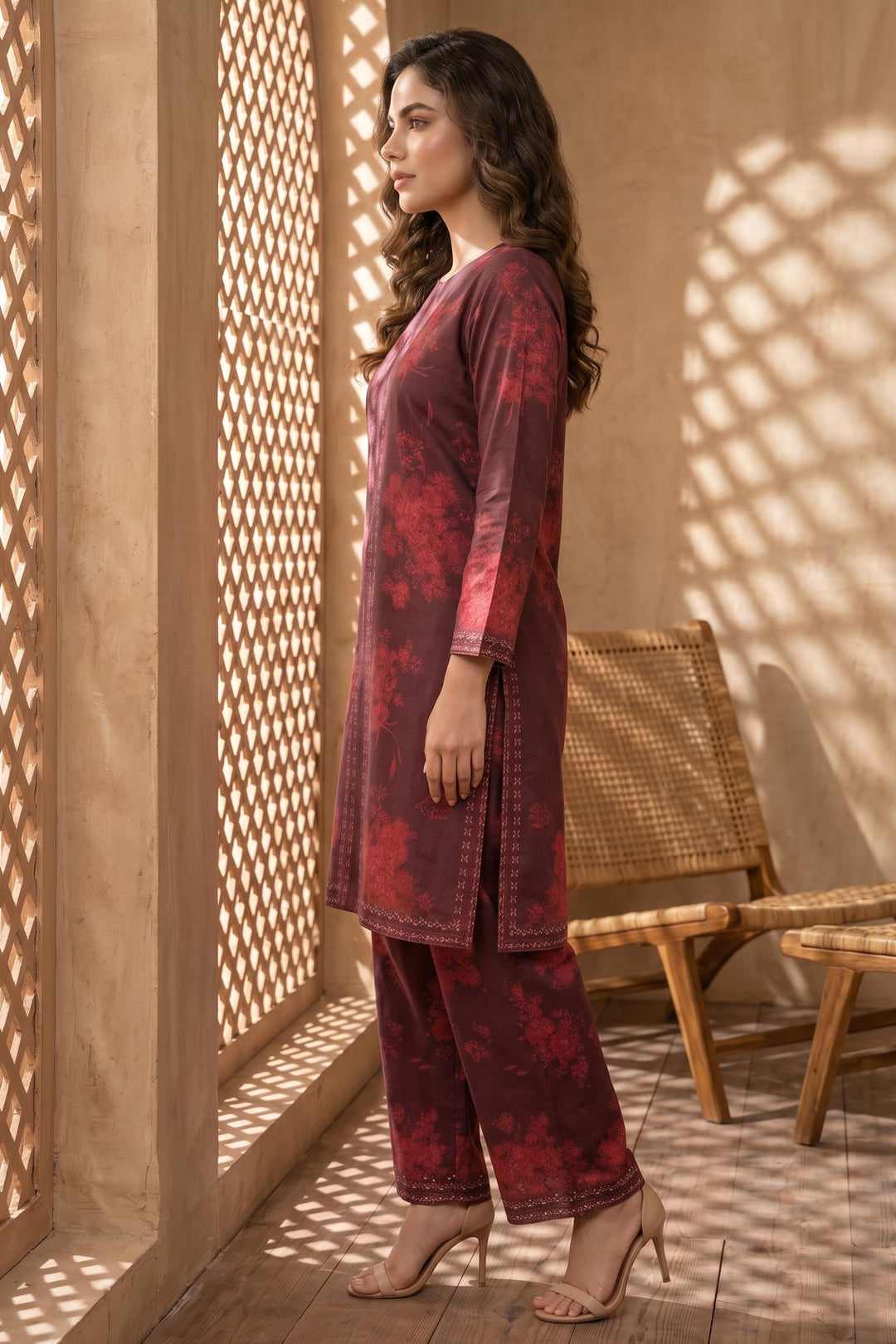 Maroon 2 Piece Unstitched Printed Cambric Co-Ord Set