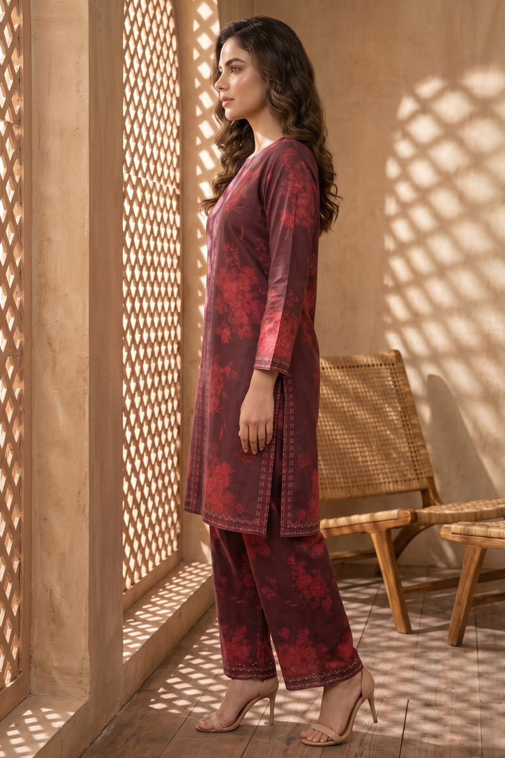 Maroon 2 Piece Unstitched Printed Cambric Co-Ord Set