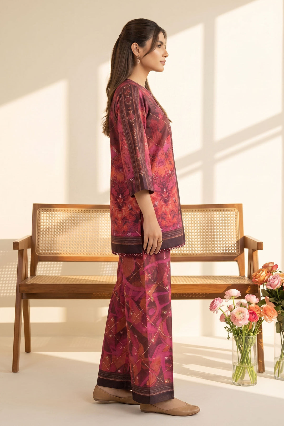 Red Brown 2 Piece Unstitched Printed Cambric Co-Ord Set
