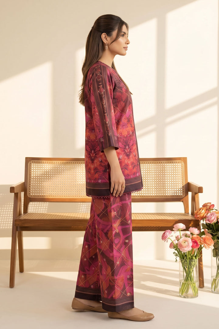 Red Brown 2 Piece Unstitched Printed Cambric Co-Ord Set