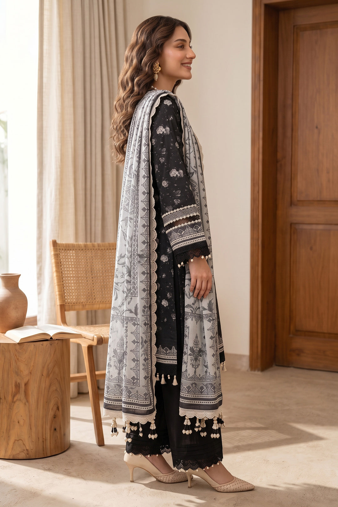Black 3 Piece Unstitched Premium Printed Lawn
