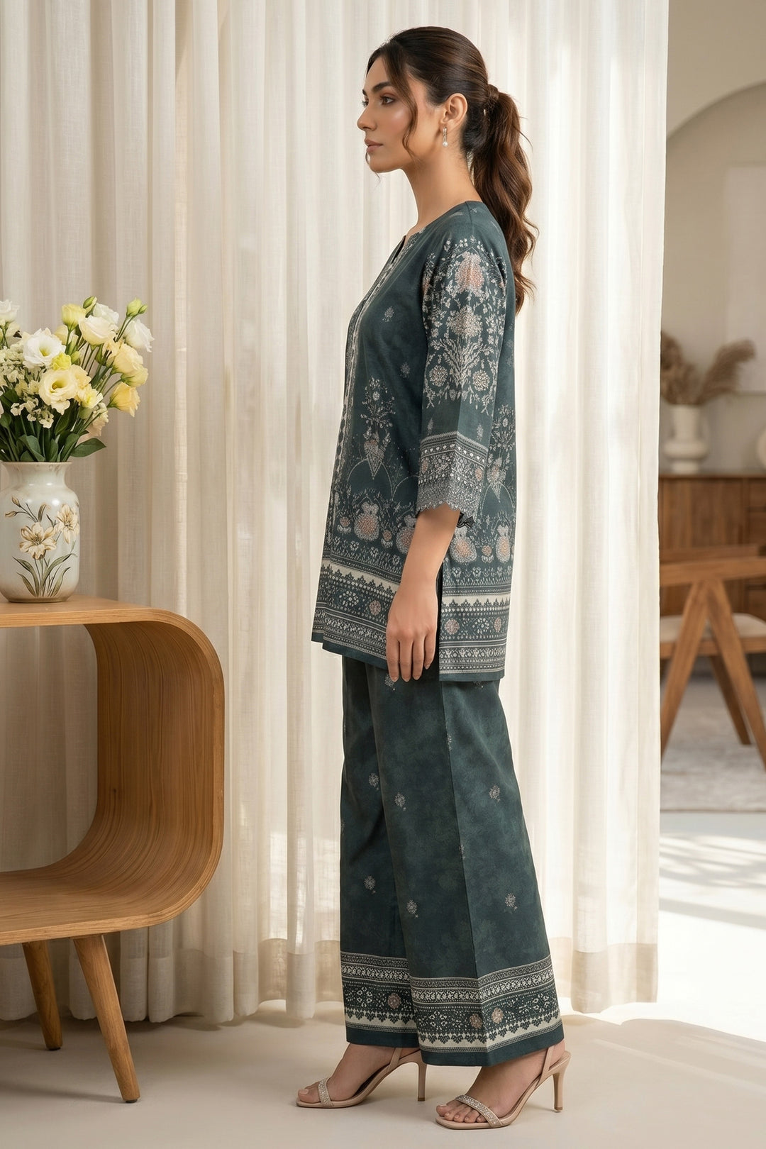 2 Piece Dark Teal Unstitched Printed Cambric Co-Ord Set