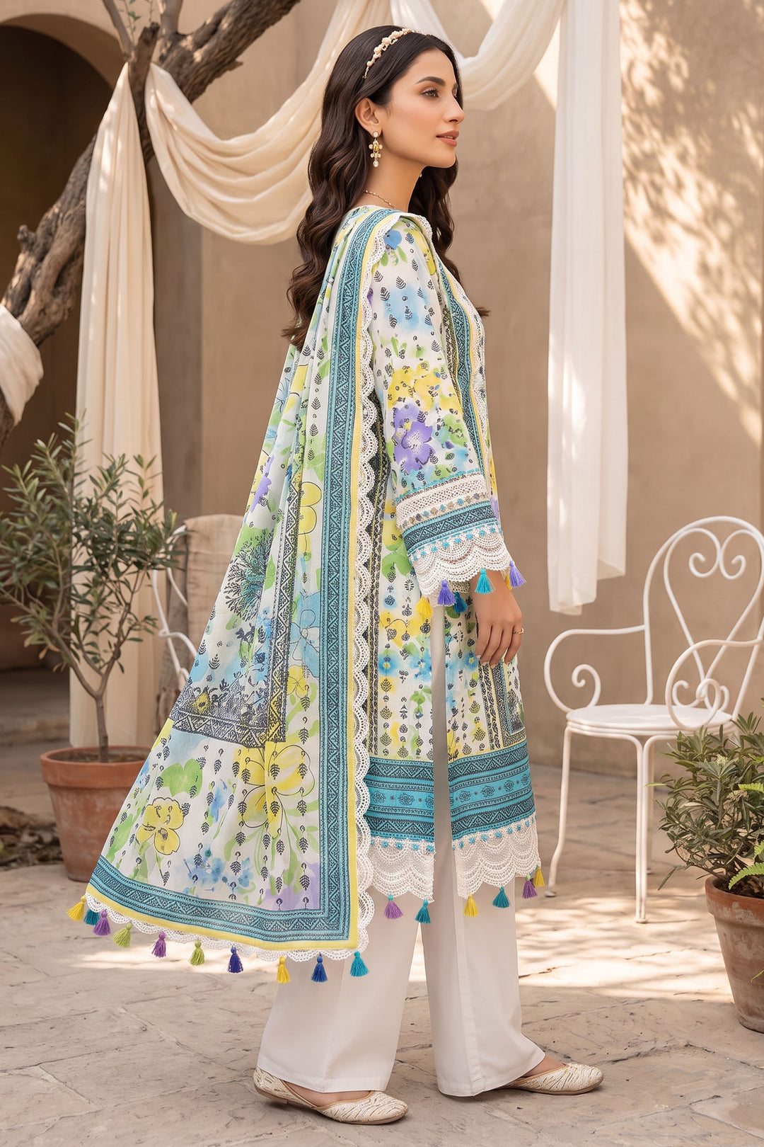 White 3 Piece Unstitched Premium Printed Lawn