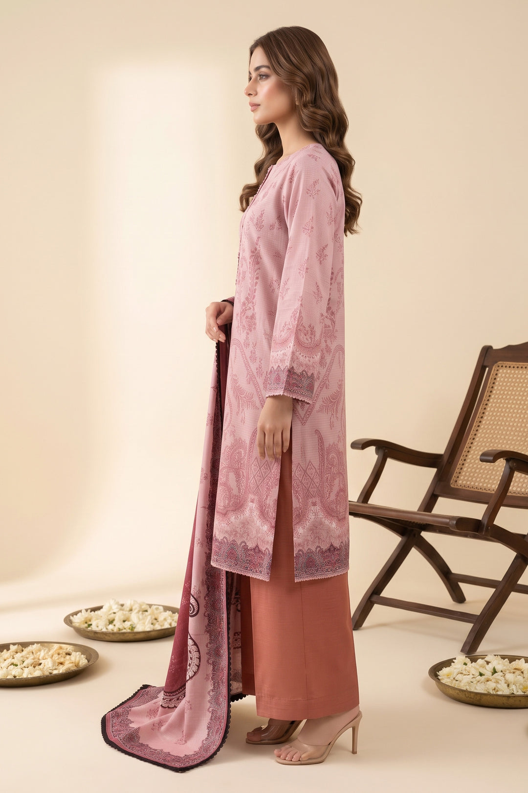 3 Piece Unstitched Tea Pink Khaddar