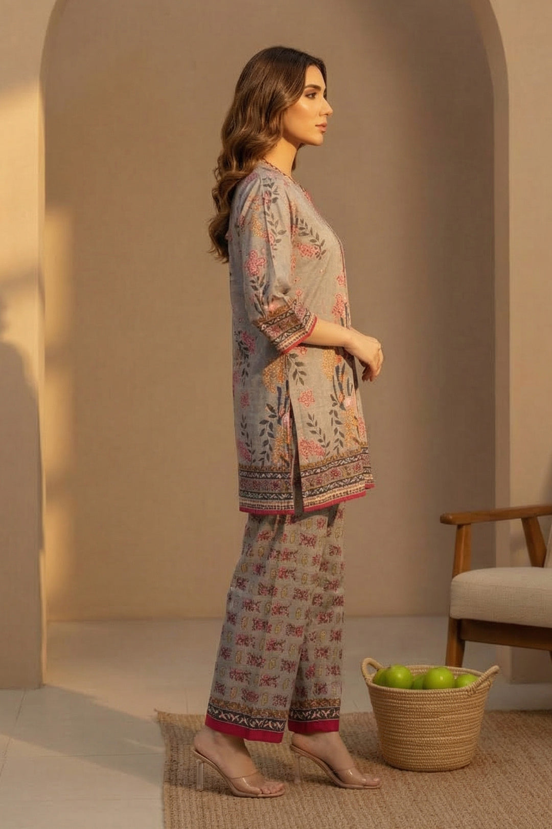 Pale Silver 2 Piece Unstitched Printed Cambric Co-Ord Set