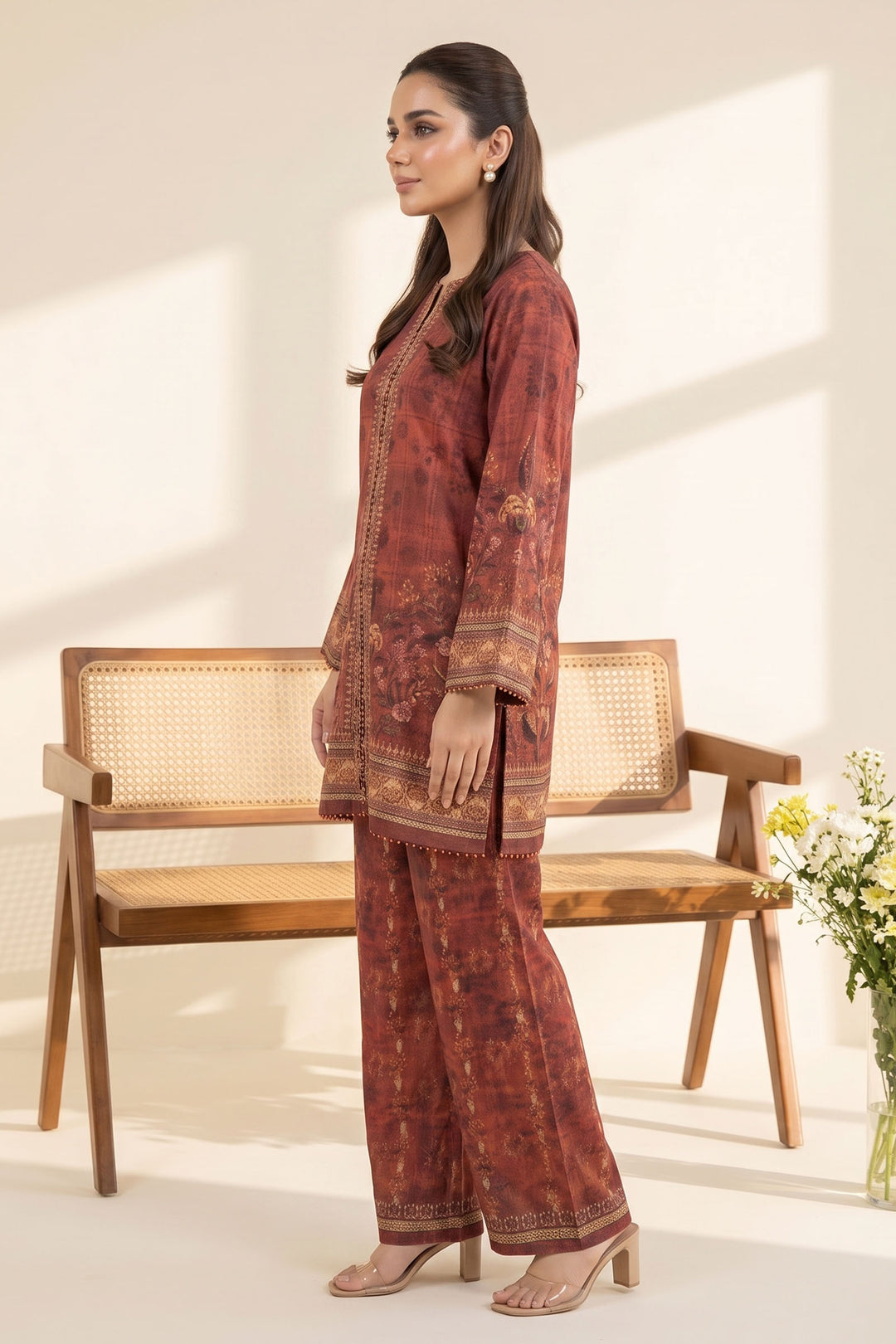 Red Brown 2 Piece Unstitched Printed Cambric Co-Ord Set