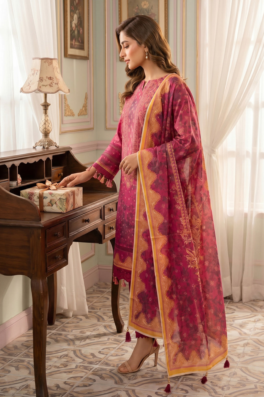 Pinkish Red 3 Piece Unstitched Premium Printed Lawn