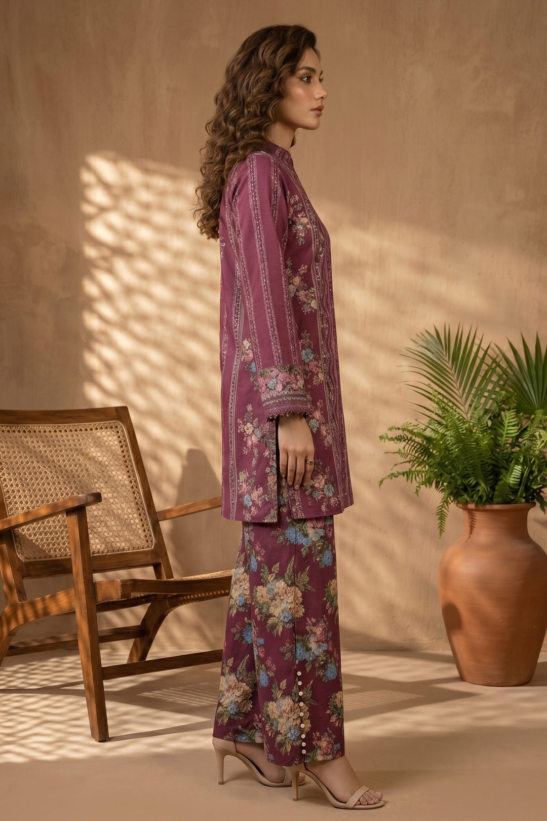 Wine 2 Piece Unstitched Printed Cambric Co-Ord Set