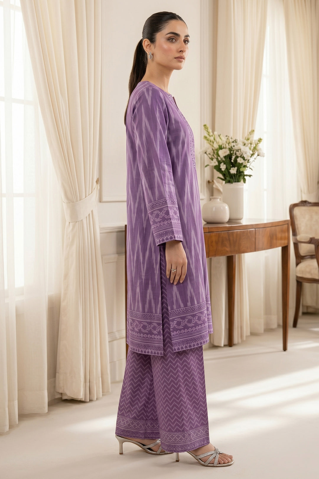 2 Piece Lavender Purple Unstitched Printed Cambric Co-Ord Set