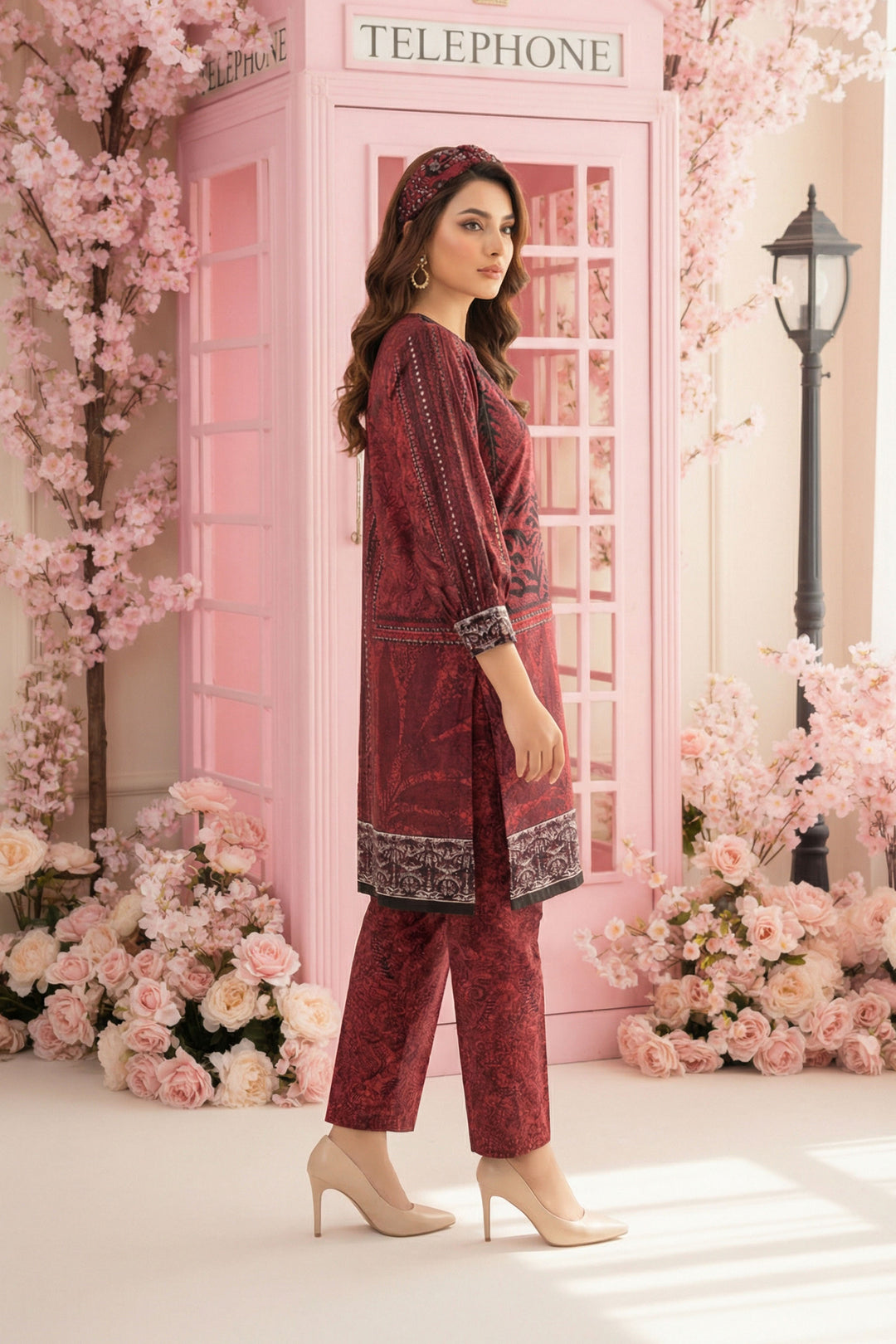 Wine 2 Piece Unstitched Printed Cambric Co-Ord Set