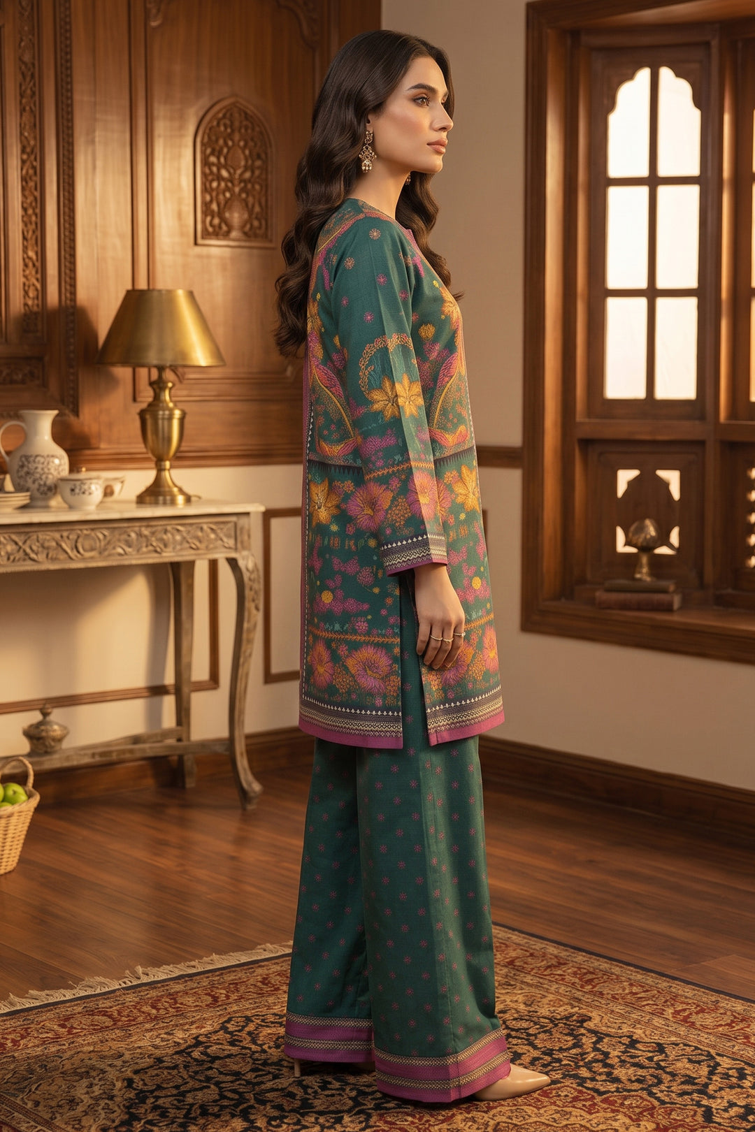 Green 2 Piece Unstitched Printed Cambric Co-Ord Set