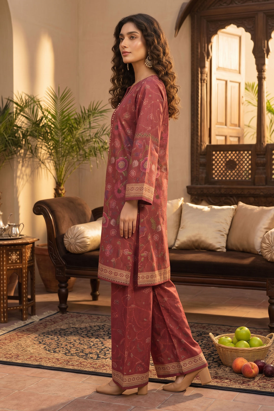 Brick Red 2 Piece Unstitched Printed Cambric Co-Ord Set