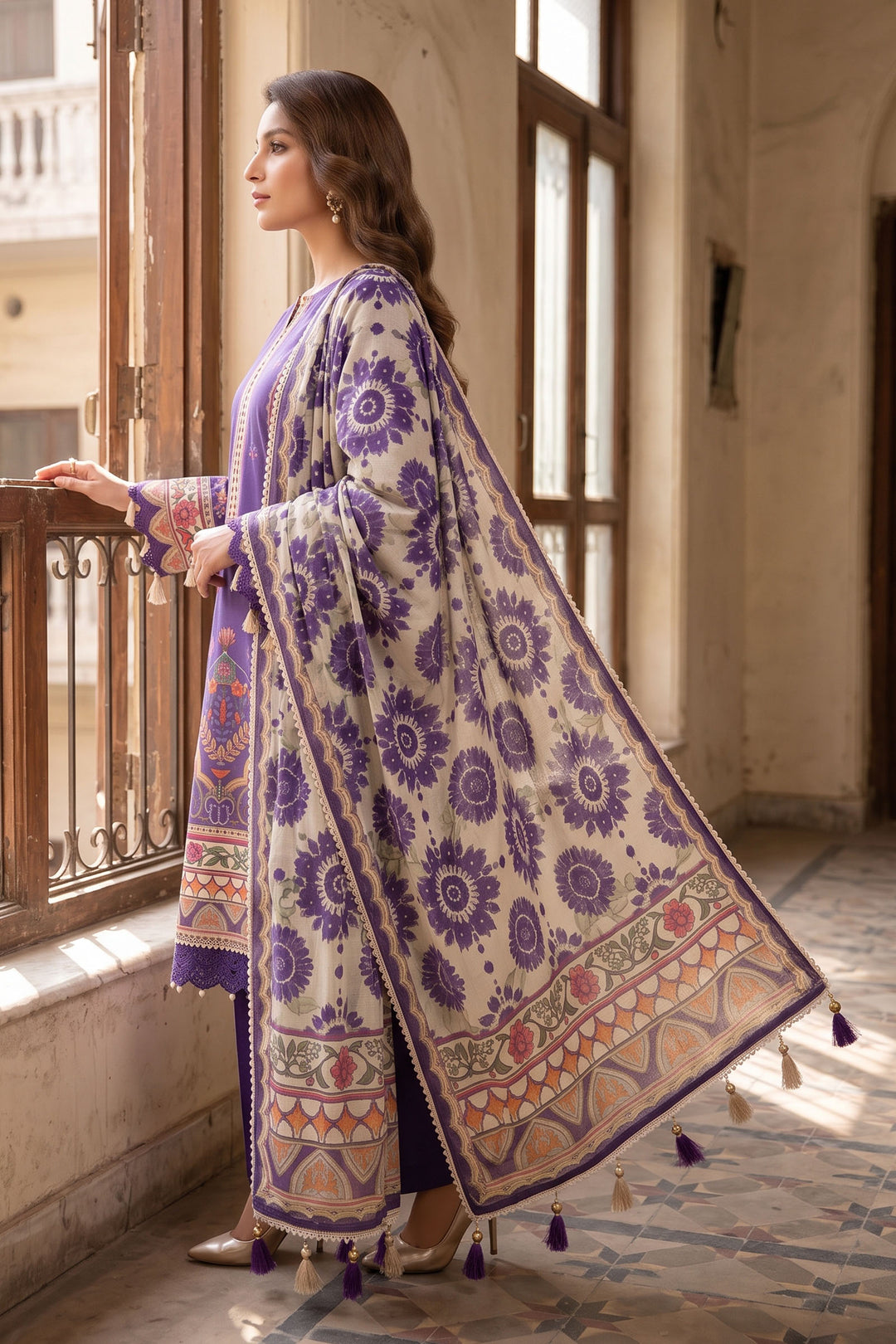 Purple 3 Piece Unstitched Premium Printed Lawn