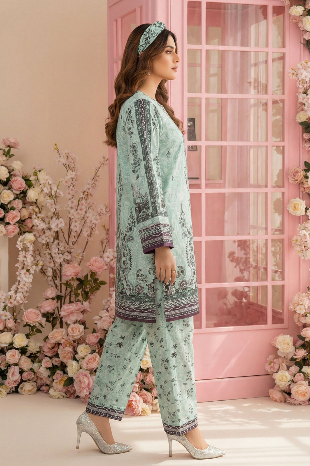 Pale Green 2 Piece Unstitched Printed Cambric Co-Ord Set