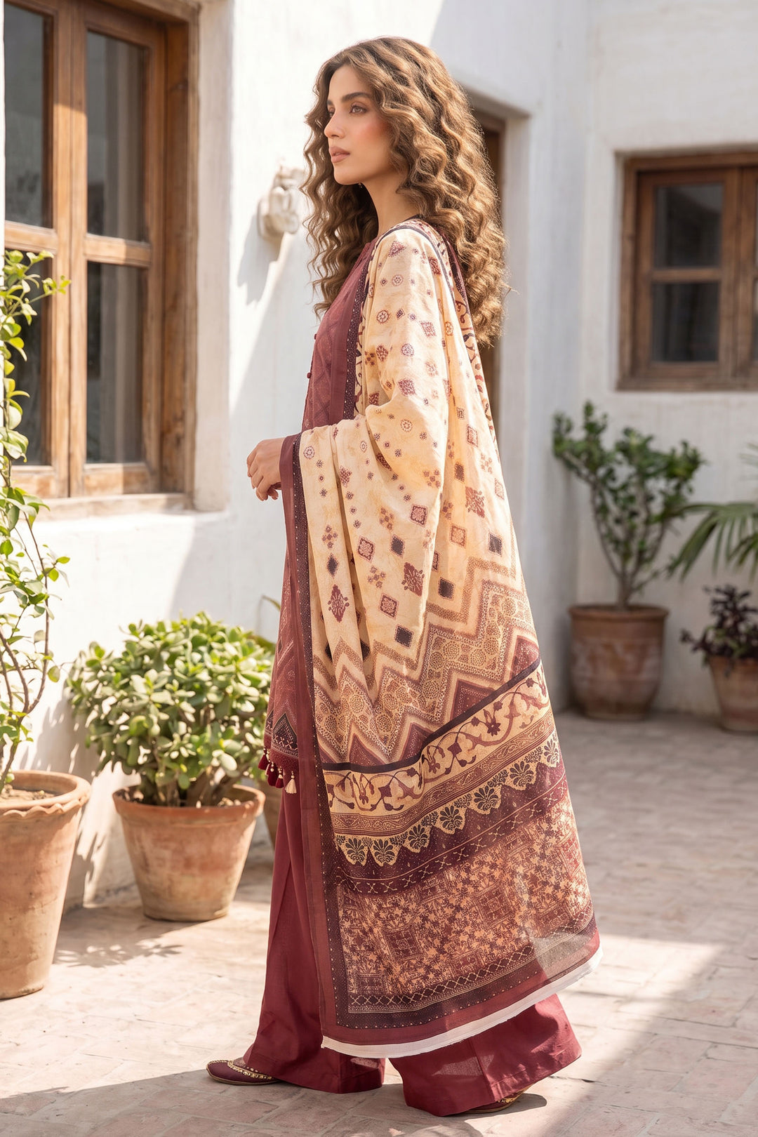 Red Wine 3 Piece Unstitched Premium Printed Lawn Suit