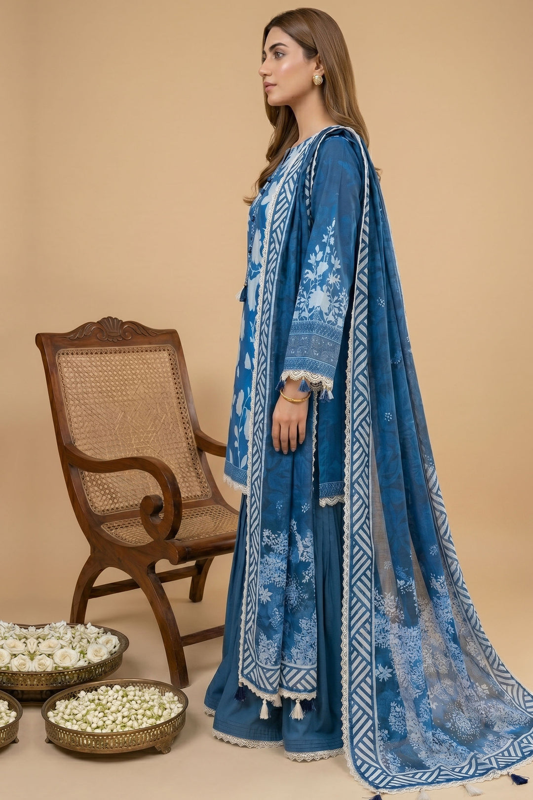 3 Piece Unstitched Blue Premium Lawn