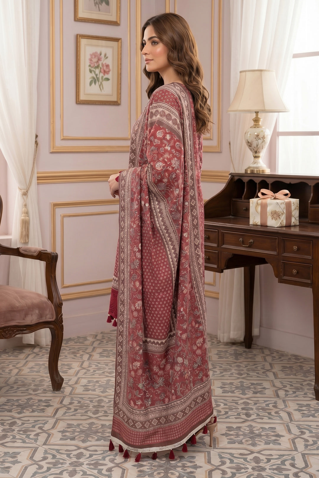 Maroon 3 Piece Unstitched Premium Printed Lawn
