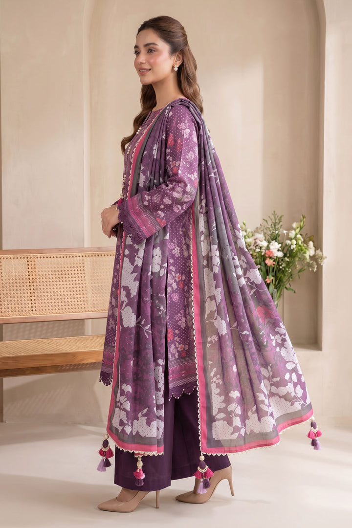 Purple 3 Piece Unstitched Premium Printed Lawn