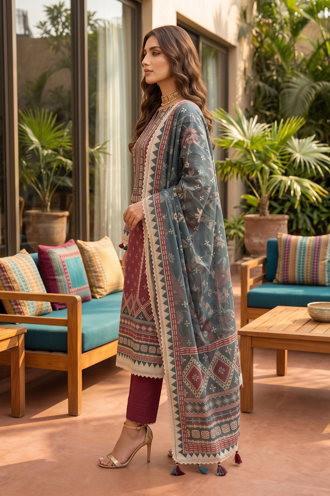 Wine 3 Piece Unstitched Premium Printed Lawn