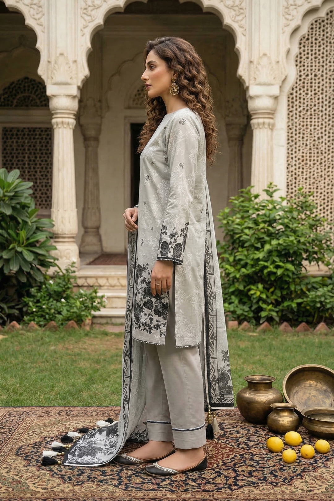 3 Piece Unstitched Dark Gray Premium Printed Lawn