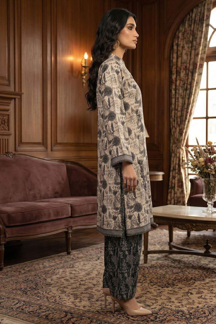 Dark Taupe 2 Piece Unstitched Printed Cambric Co-Ord Set