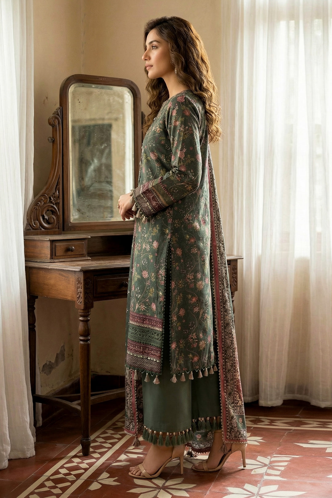 3 Piece Unstitched Feldgrau Green Premium Printed Lawn