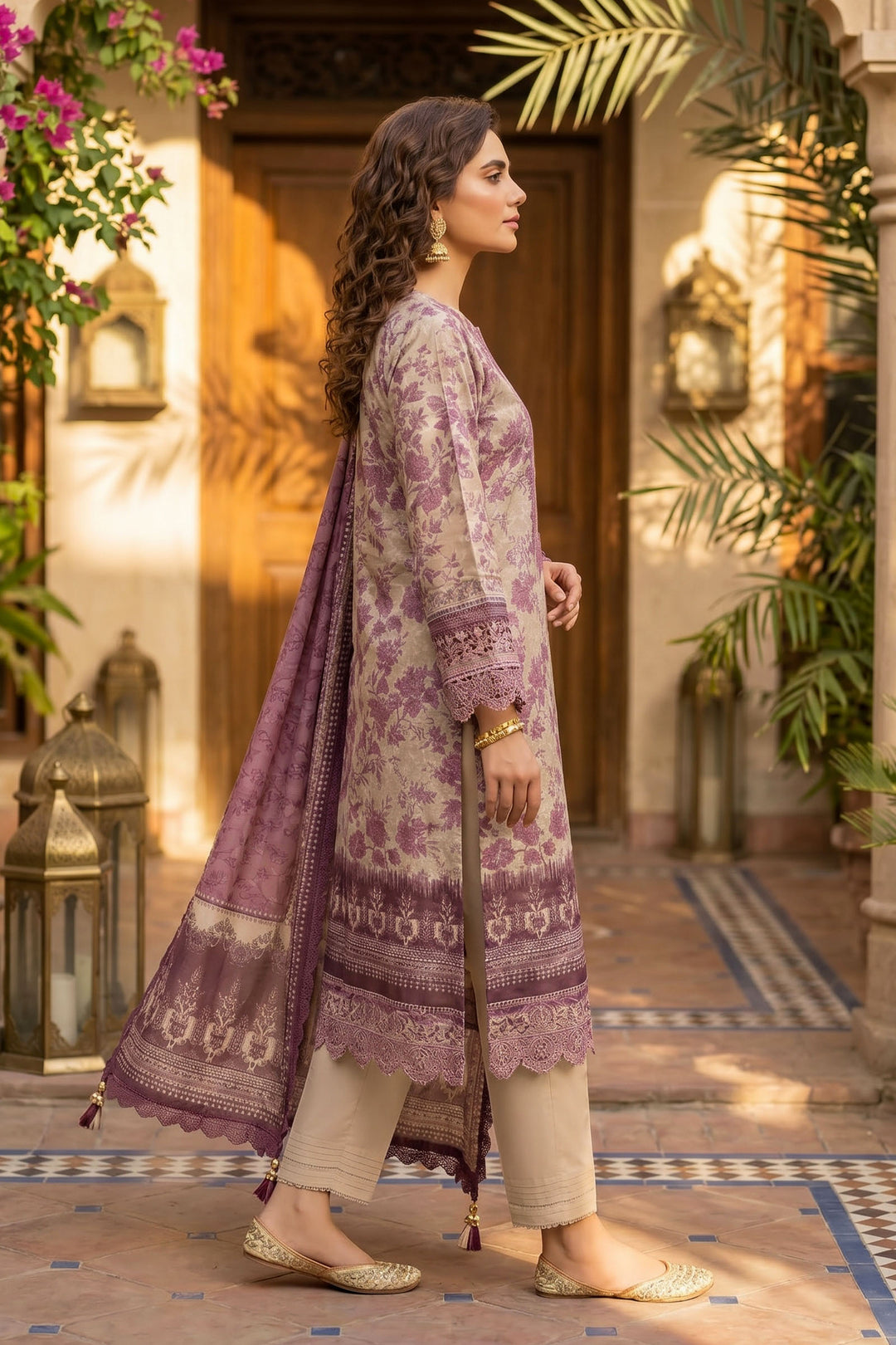 Beige 3 Piece Unstitched Premium Printed Lawn