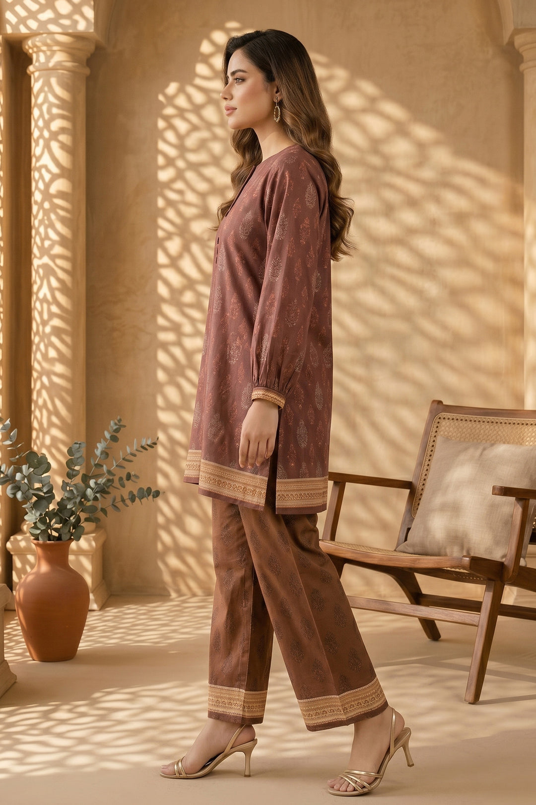 Coffee 2 Piece Unstitched Printed Cambric Co-Ord Set