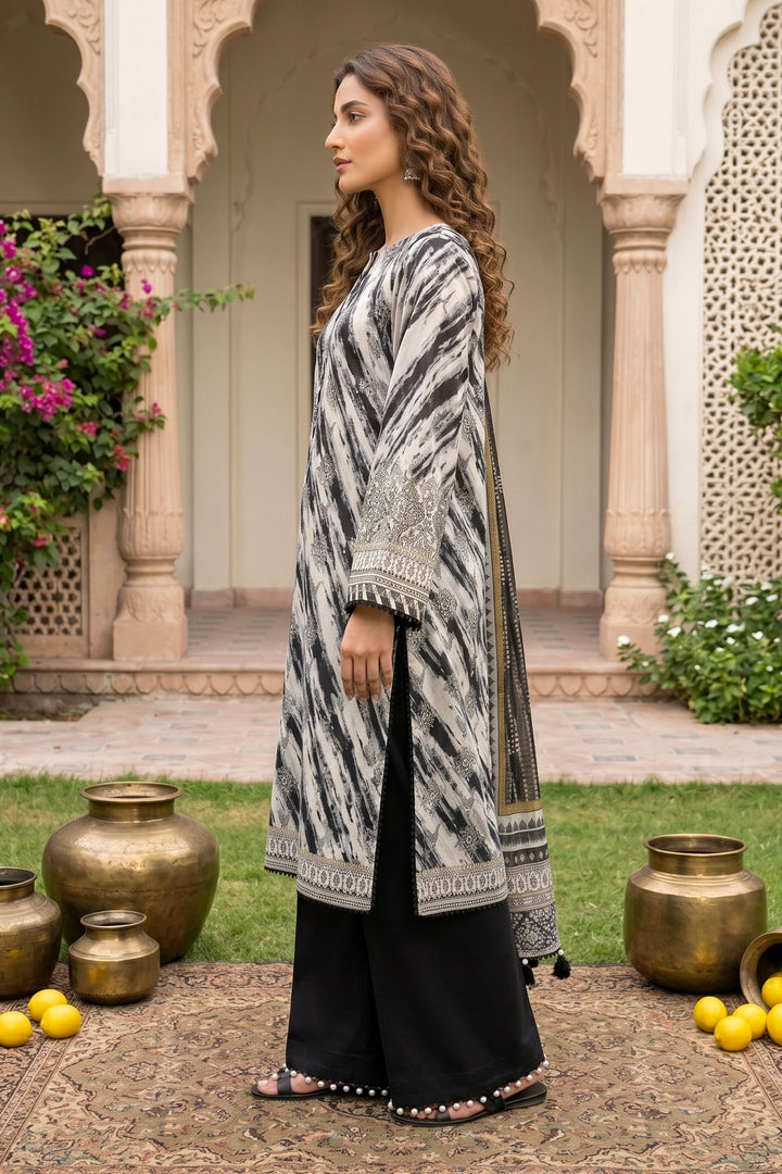 3 Piece Unstitched Black Lawn Shirt Dupatta Trouser | Jacquard Clothing