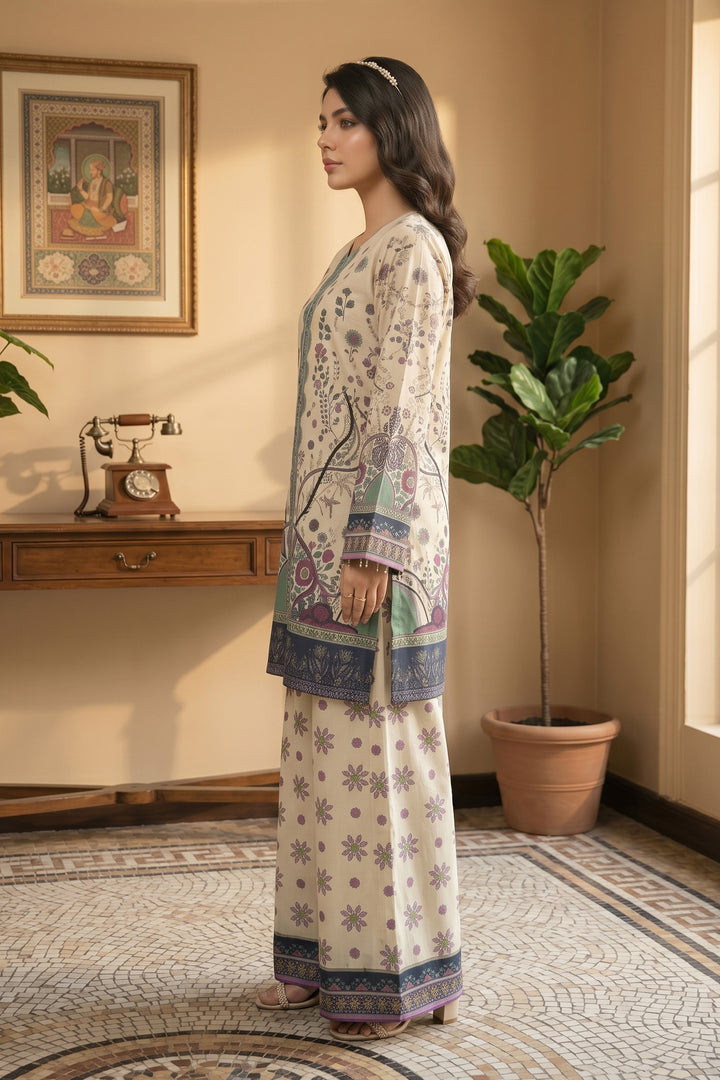 Beige 2 Piece Unstitched Printed Cambric Co-Ord Set