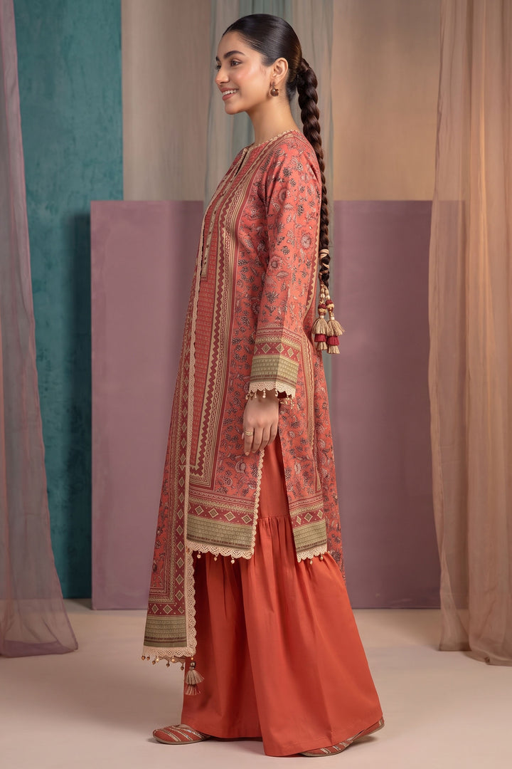 Orange Red 3 Piece Unstitched Premium Printed Lawn