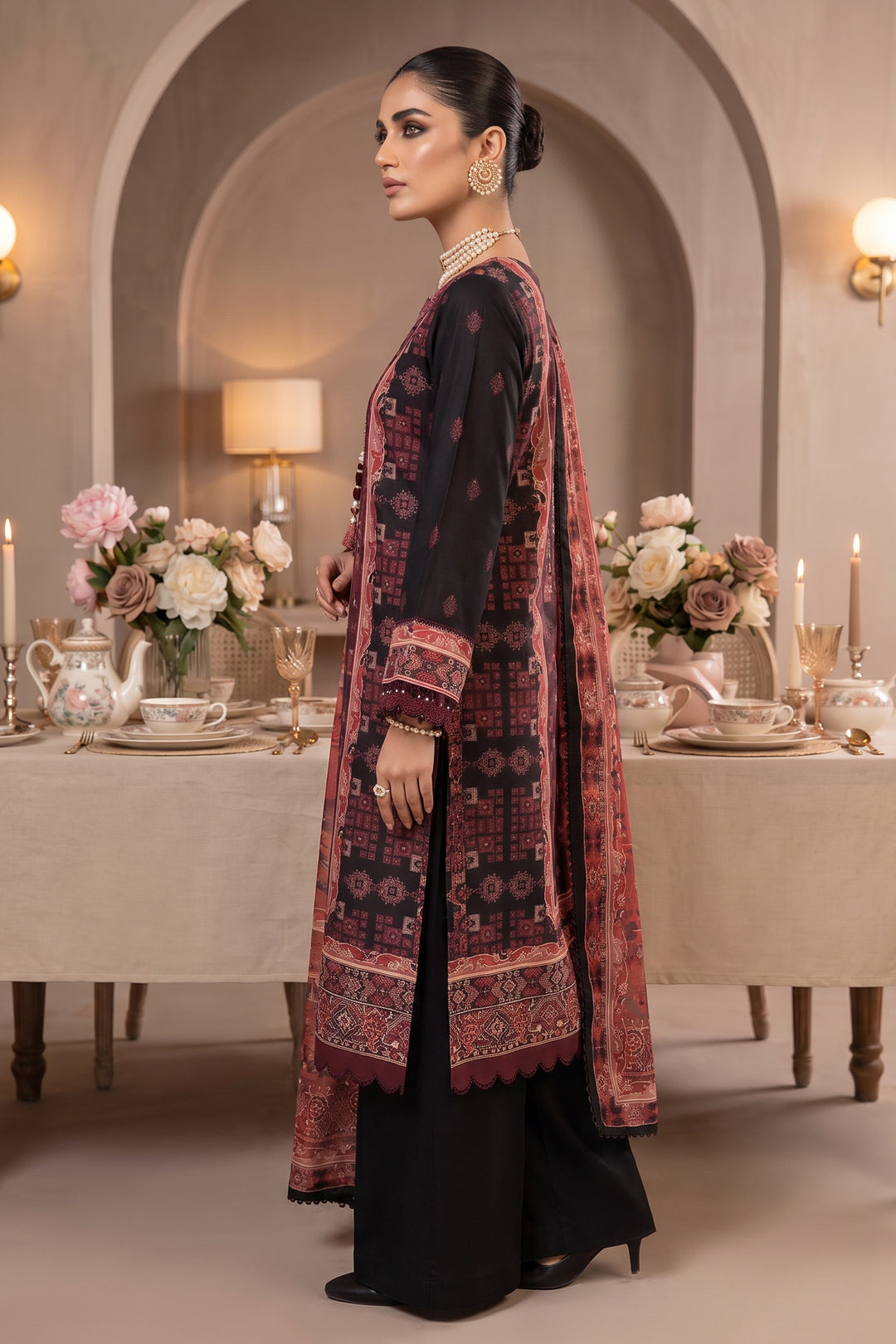Red &amp; Black 3 Piece Unstitched Premium Printed Lawn