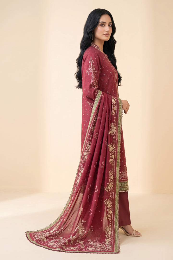 3 Piece Unstitched Rich Maroon Premium Linen