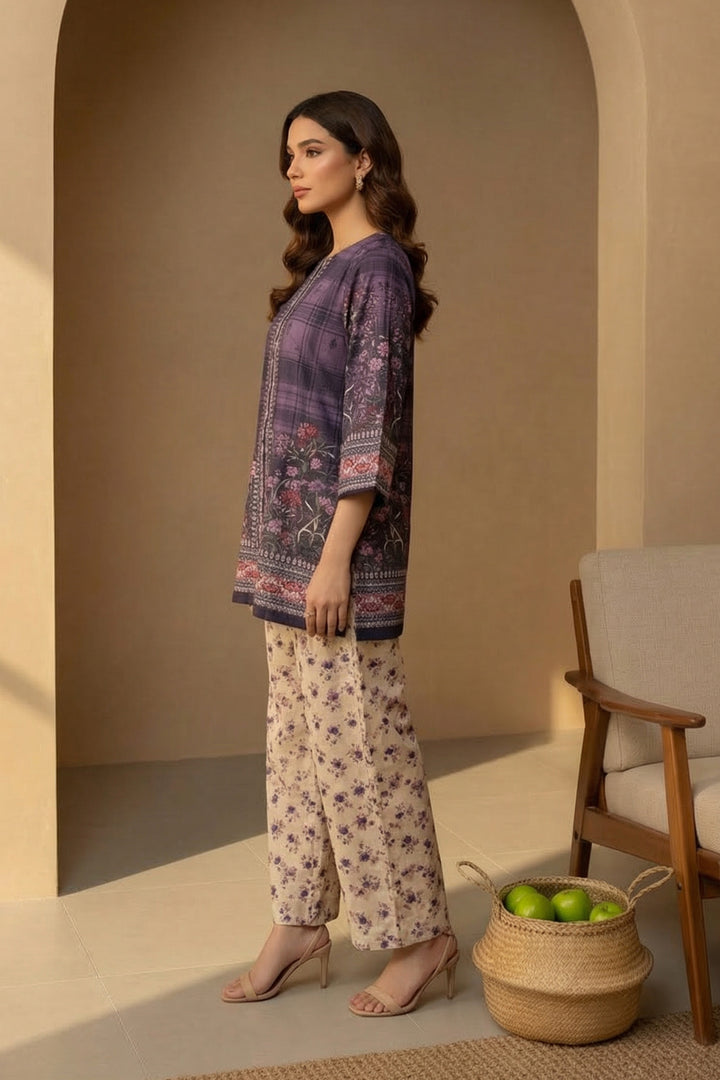 Purple Taupe 2 Piece Unstitched Printed Cambric Co-Ord Set