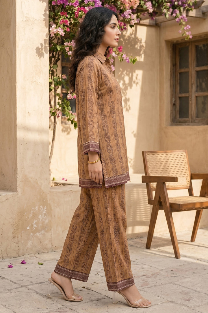 Dark Brown 2 Piece Unstitched Printed Cambric Co-Ord Set