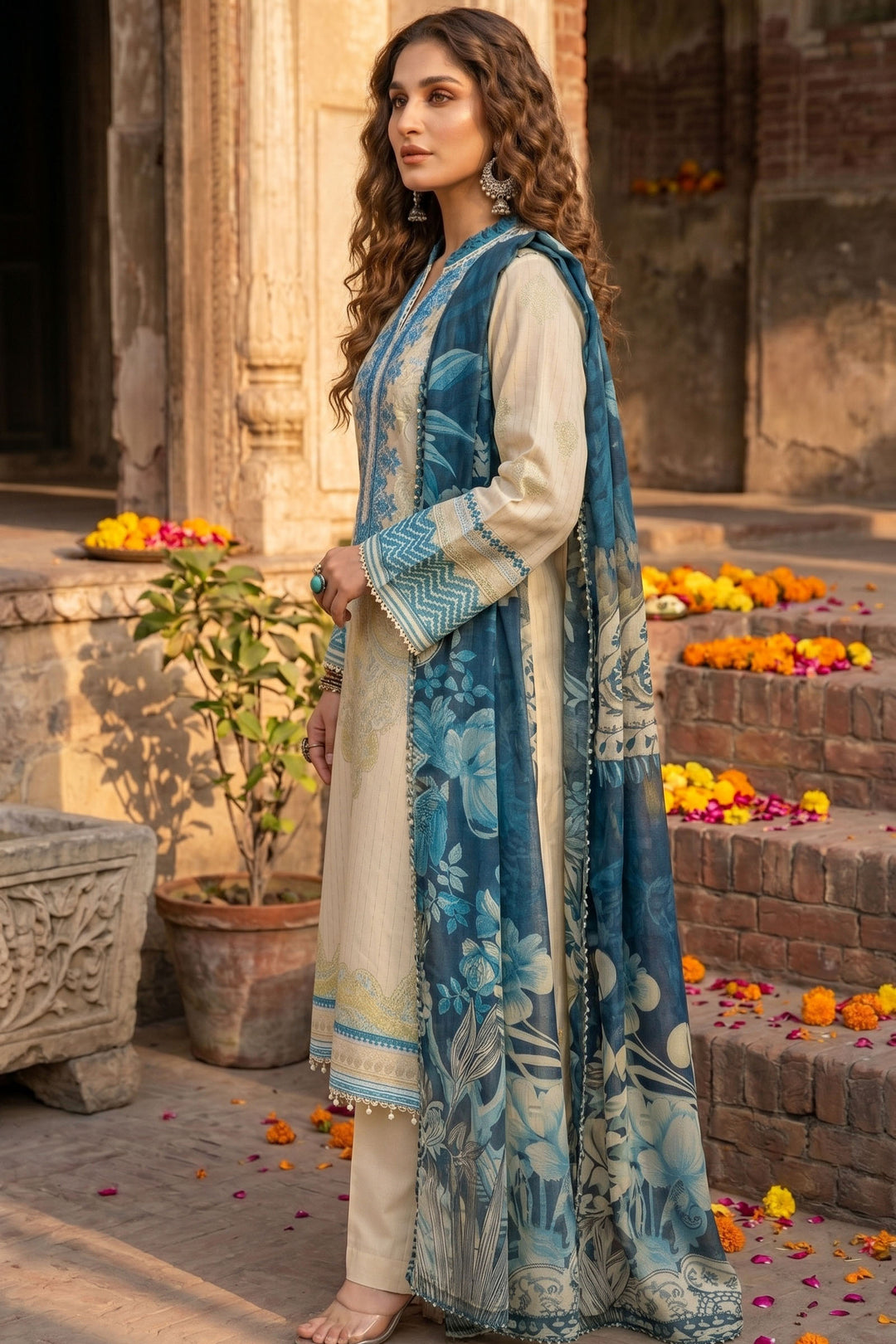 3 Piece Unstitched Ivory Premium Lawn