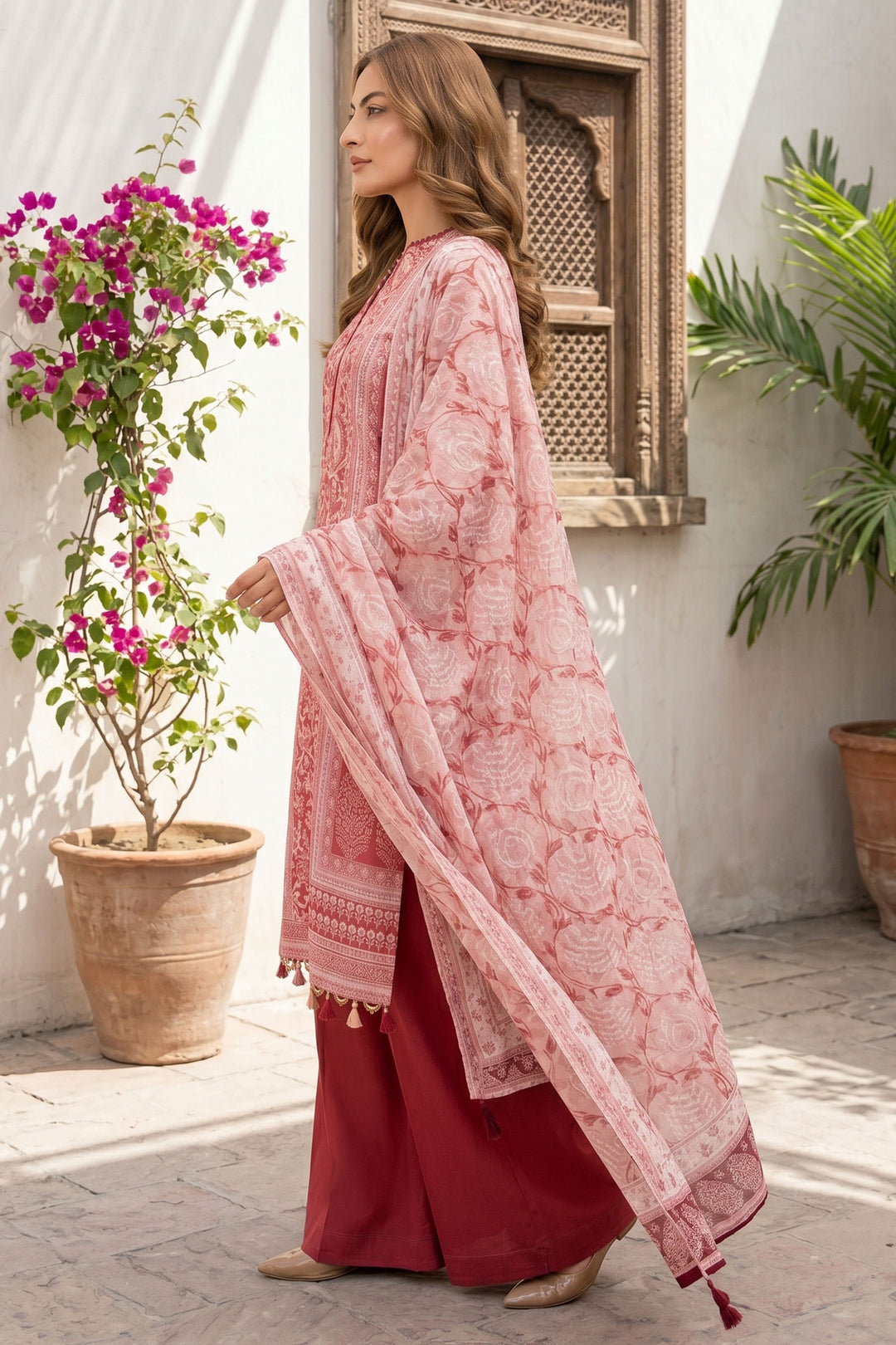 3 Piece Unstitched Red Premium Lawn