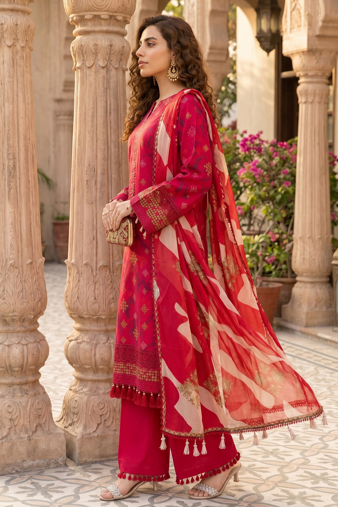 3 Piece Unstitched Red Premium Lawn