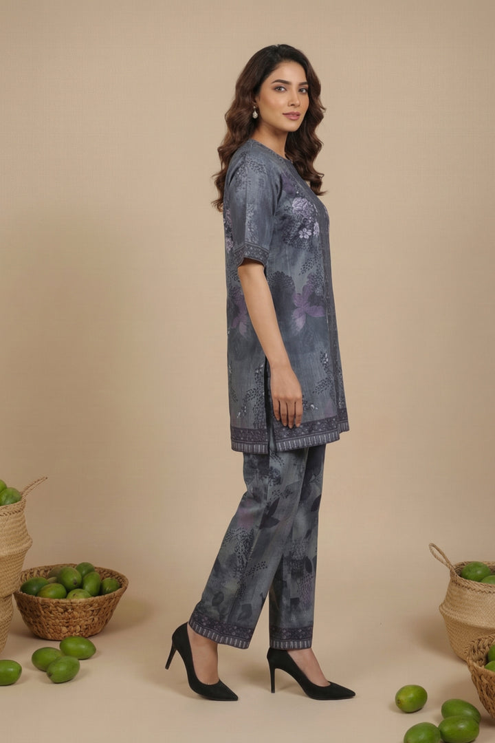 Gray 2 Pc Unstitched Printed Cambric Co-Ord Set