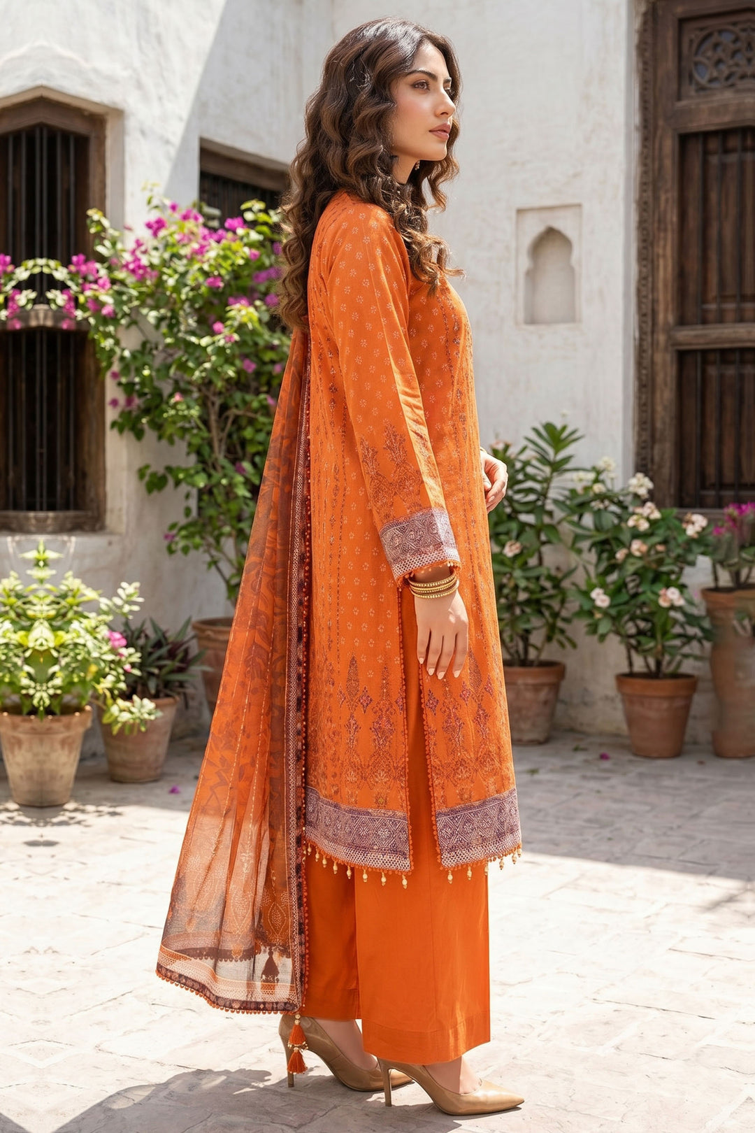 3 Piece Unstitched Orange Premium Lawn