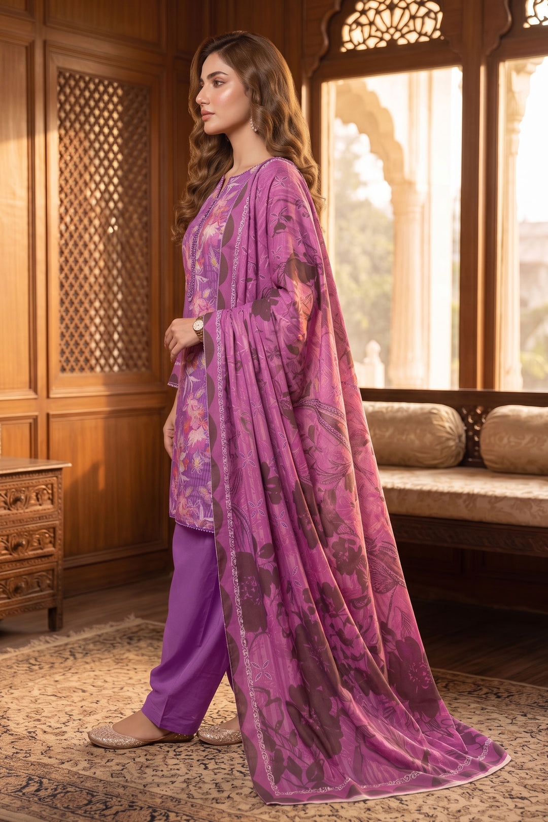 Purple 3 Piece Unstitched Premium Printed Lawn